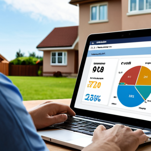 Home 16 **A person looking thoughtfully at a credit score report on a laptop, with a background showing a house and a car, representing financial goals.** (Focus: Credit score, financial goals, responsibility)