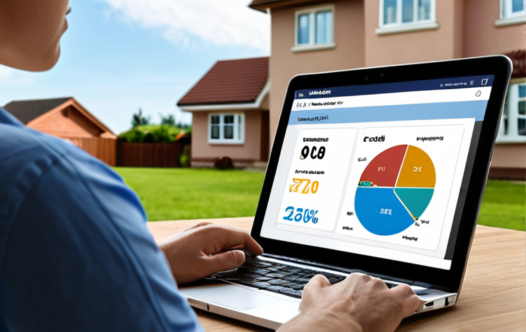 **A person looking thoughtfully at a credit score report on a laptop, with a background showing a house and a car, representing financial goals.** (Focus: Credit score, financial goals, responsibility)