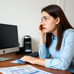 A young adult, perhaps a woman in her late 20s or early 30s, seated at a home office desk, her expression conveying a mix of stress and overwhelm as she stares at a computer screen displaying complex financial graphs and scattered credit card statements. The desk is slightly cluttered with papers and a discarded coffee cup, reflecting the intensity of her situation. She is fully clothed in modest, comfortable attire, professional dress. The background is a blurred, simple home environment. perfect anatomy, correct proportions, natural pose, well-formed hands, proper finger count, natural body proportions, professional photography, high resolution, soft lighting, depth of field, appropriate content, safe for work, professional.