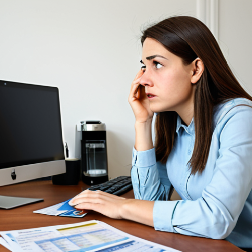 Home 8 A young adult, perhaps a woman in her late 20s or early 30s, seated at a home office desk, her expression conveying a mix of stress and overwhelm as she stares at a computer screen displaying complex financial graphs and scattered credit card statements. The desk is slightly cluttered with papers and a discarded coffee cup, reflecting the intensity of her situation. She is fully clothed in modest, comfortable attire, professional dress. The background is a blurred, simple home environment. perfect anatomy, correct proportions, natural pose, well-formed hands, proper finger count, natural body proportions, professional photography, high resolution, soft lighting, depth of field, appropriate content, safe for work, professional.
