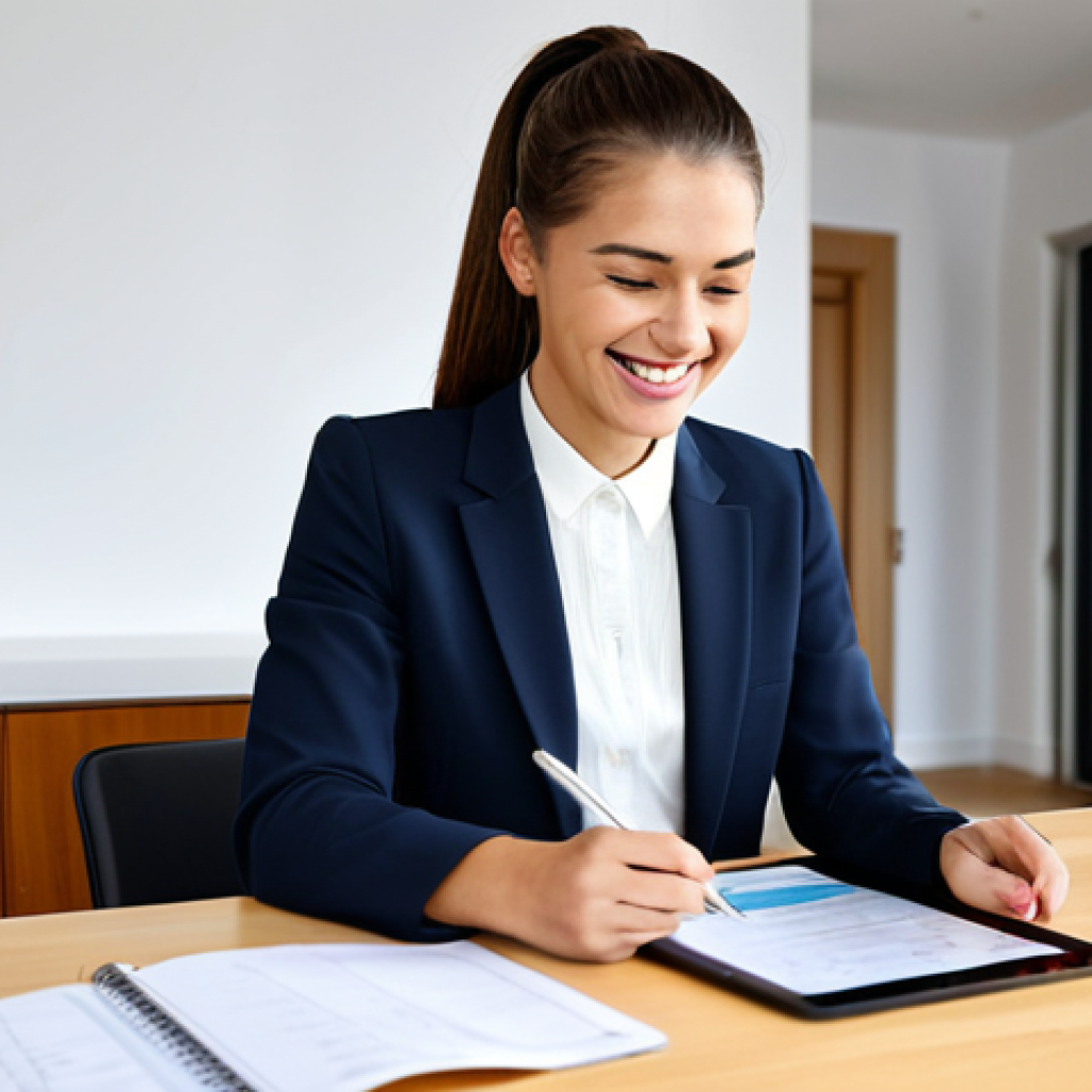 Responsible Consumer**
A young professional woman sitting at her desk, smiling confidently while reviewing her bank statement on a tablet. She is dressed in appropriate attire, a stylish blazer and blouse. The background is a bright and modern apartment with natural light. On the desk are a planner and a cup of coffee. safe for work, fully clothed, modest, perfect anatomy, correct proportions, well-formed hands, professional.
**