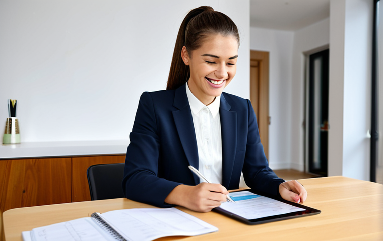 Responsible Consumer**
A young professional woman sitting at her desk, smiling confidently while reviewing her bank statement on a tablet. She is dressed in appropriate attire, a stylish blazer and blouse. The background is a bright and modern apartment with natural light. On the desk are a planner and a cup of coffee. safe for work, fully clothed, modest, perfect anatomy, correct proportions, well-formed hands, professional.
**