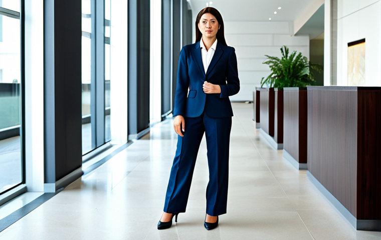 신용 카드 선택 시 고려해야 할 요소 - Business Professional**
"A professional businesswoman in a modest business suit, standing in a mode...
