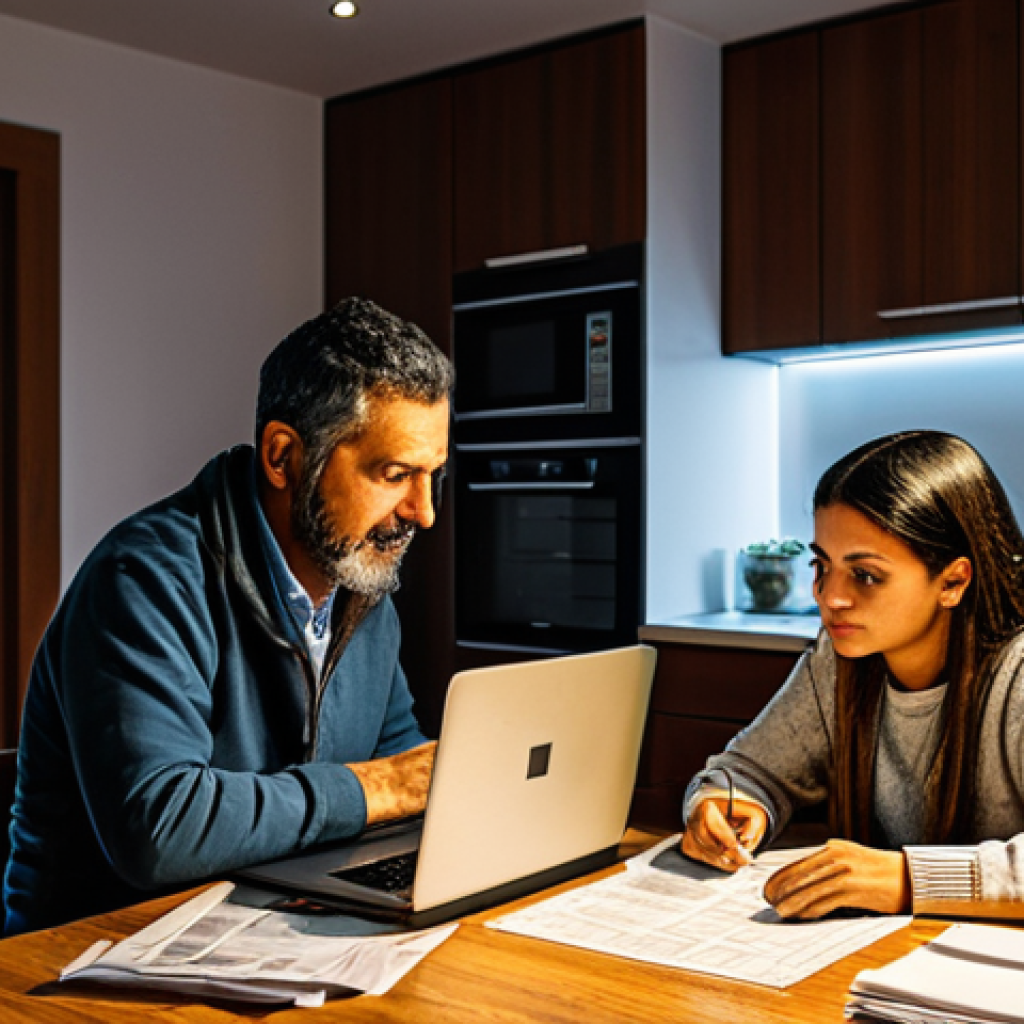 재정 계획과 신용 관리의 연관성 - ** A Portuguese family is creating a budget at their kitchen table. The scene should be warm and inv...