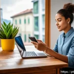 Home 23 신용 점수와 소비습관 변화 - A modern Brazilian home office scene showing a young adult using a smartphone with a Brazilian banki...